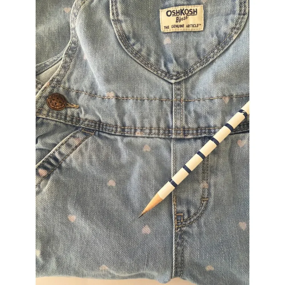 Vtg OshKosh Bgosh Heart Print Denim Overalls Girls 2T 90s Y2K Heart Bib Pocket